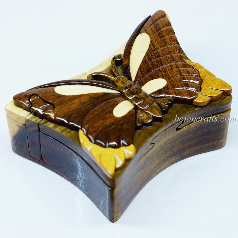 Butterfly Design Wooden Butterfly Puzzle Trinket  Box Carving 